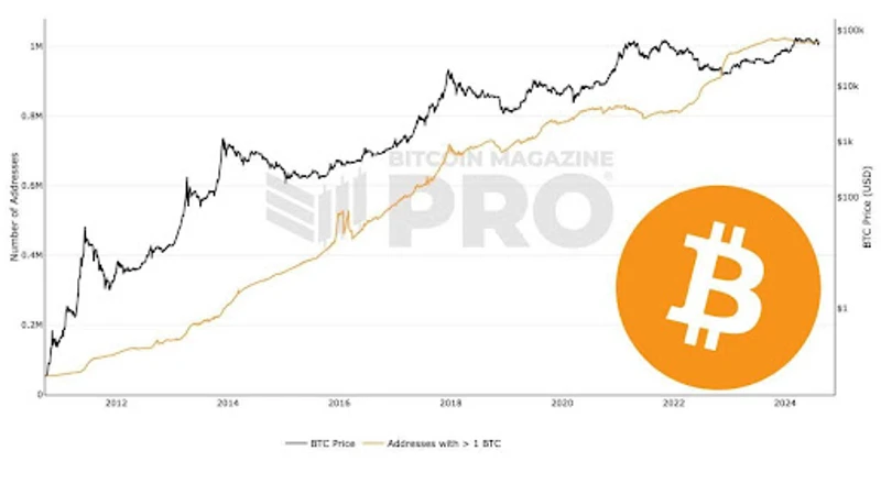 Graafik, mis näitab 1 BTCd omavate Bitcoini aadresside arvu.
